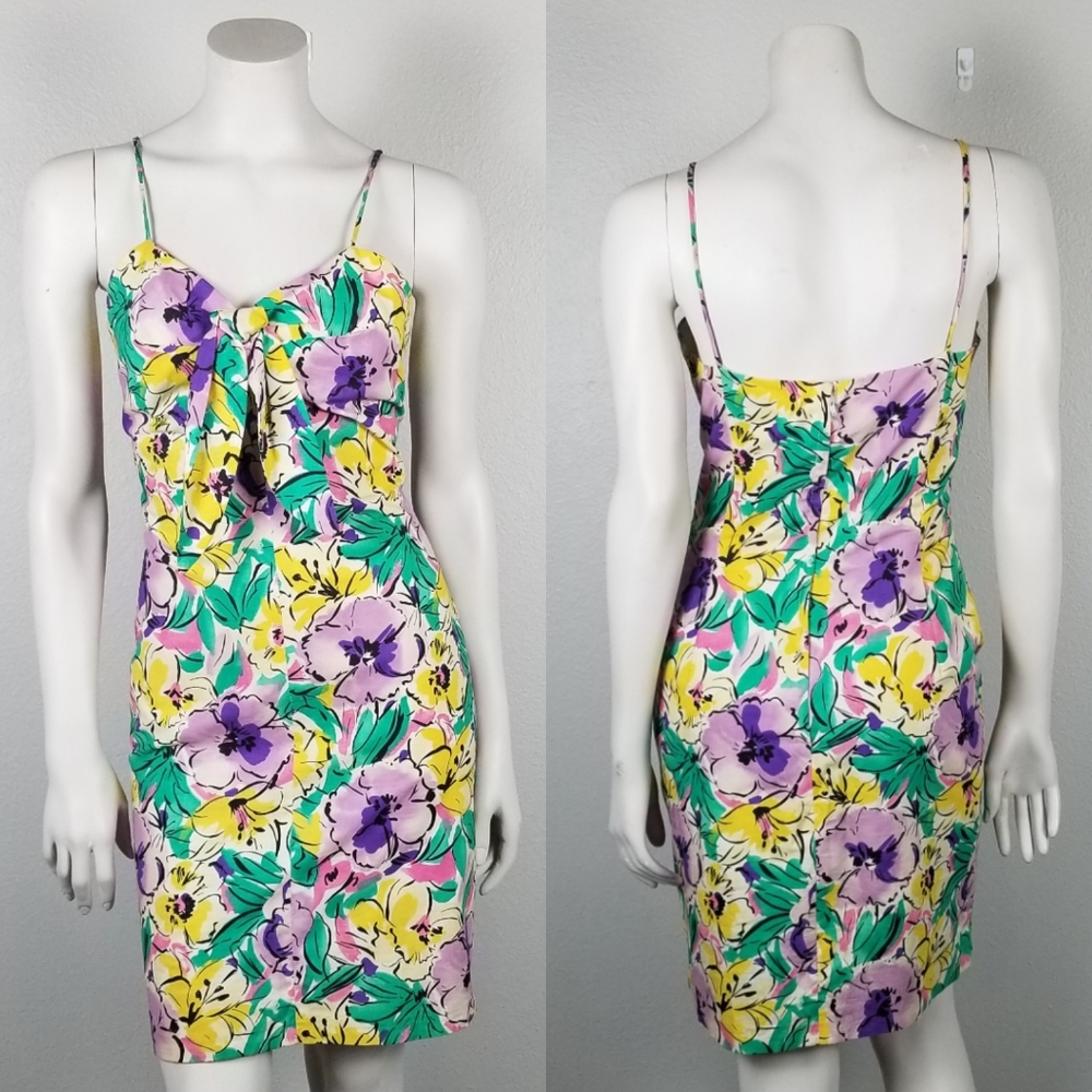 Vintage 90s Y2K Isani Purple Yellow Green Florals Cotton Slip Dress Size 10